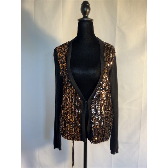 Ellen Tracy Open Cardigan Sweater Knit Sparkly Sequin Long Sleeve Black Womens L - Picture 1 of 8